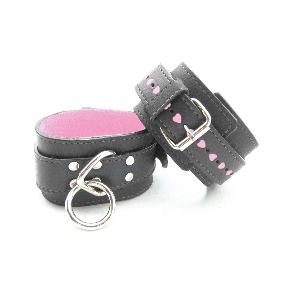 Sex Kitten Wrist Cuffs Black Leather w- Pink Fur - shop enby